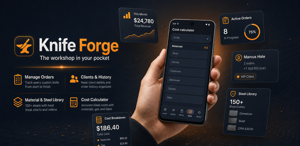 Knife Forge app banner with phone previews
