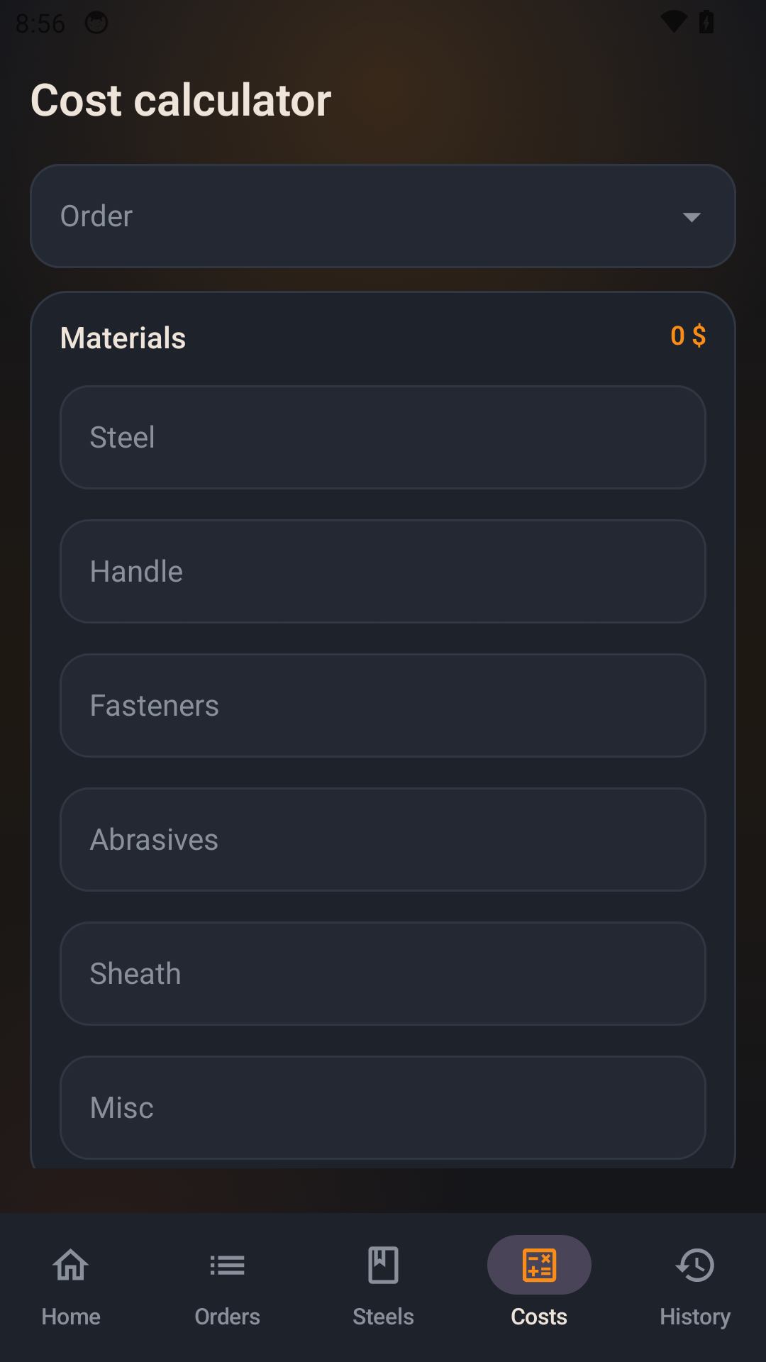 Knife Forge cost calculator screenshot